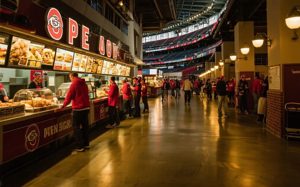 球场内看台与通道小吃摊位的热闹氛围