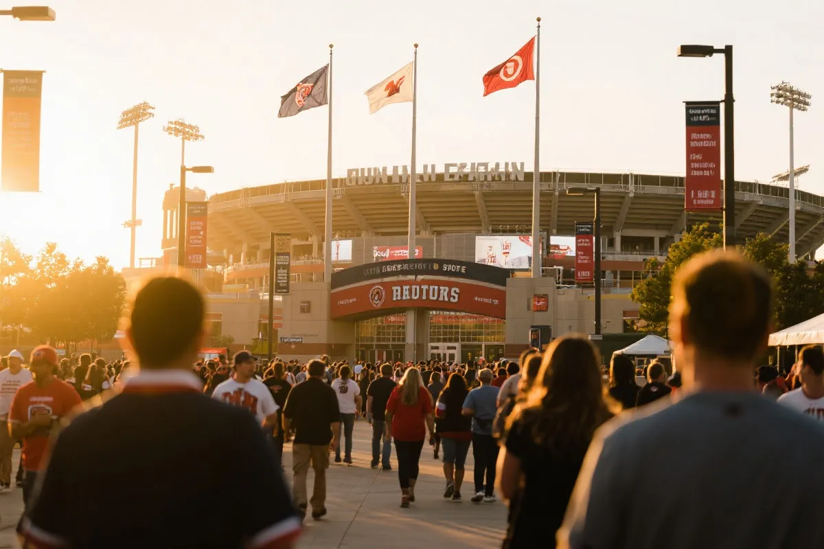 球迷广场的人流朝球场入口移动,前景旗帜和指示牌,长焦压缩空间,傍晚氛围