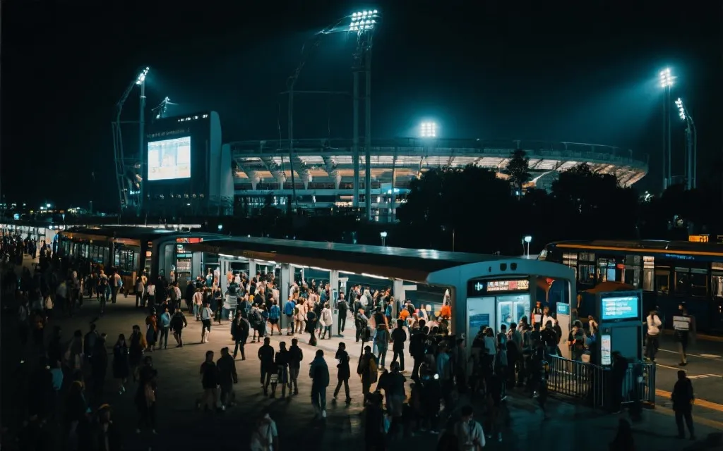 世界杯球场外人流动线与公共交通换乘示意,夜晚灯光氛围