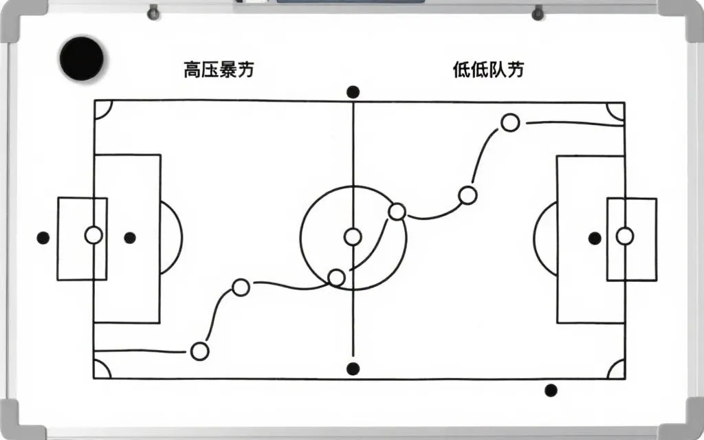 足球战术板:高位压迫、低位防守与定位球路线示意